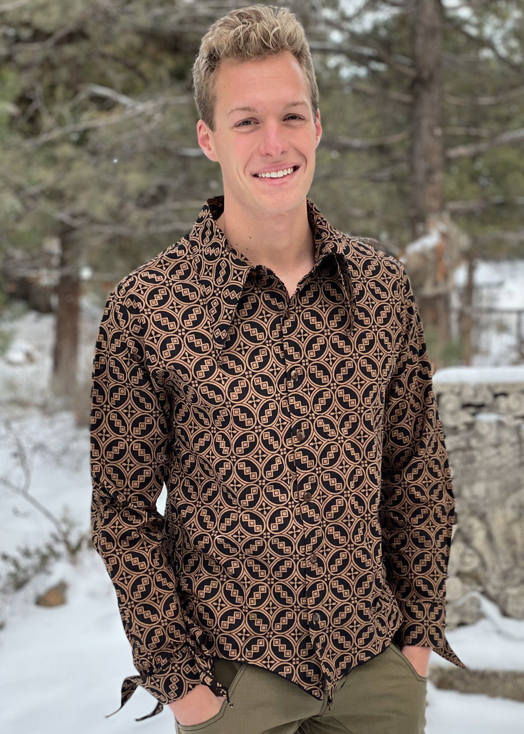 batik dress shirt Men's Linen Patched Shirt (Long Sleeve) - Stylish & Breathable