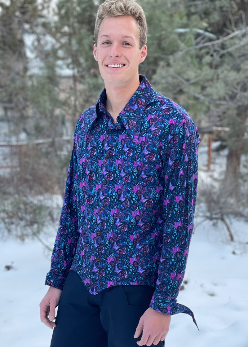 psychedelic dress shirts Retro 70s Long Sleeve Men Button up Shirt, Vintage Trippy Groovy Funky Psychedelic Print Guys Male Buttoned Collared Dress Chest Pocket